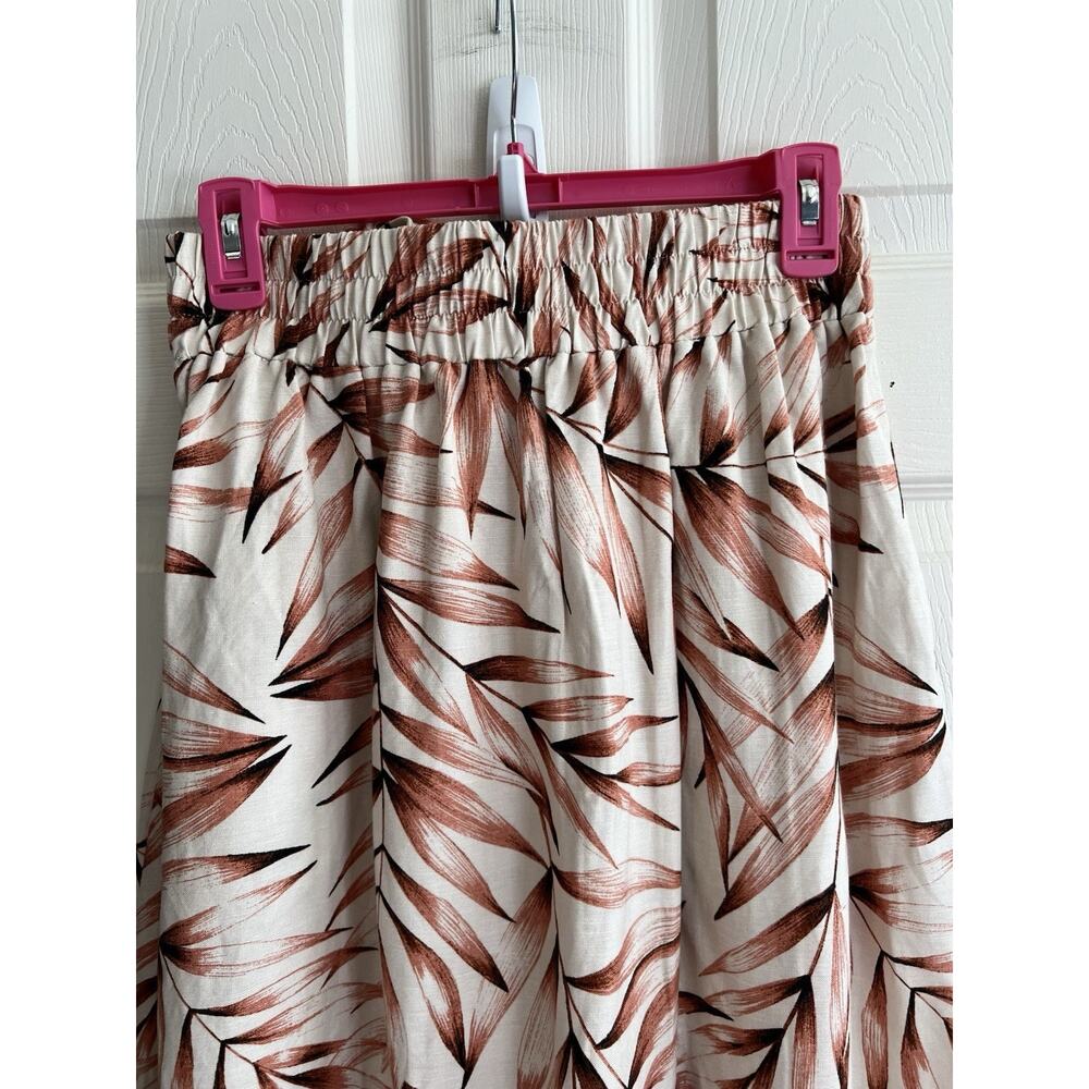 ANN TAYLOR Linen Blend Pearl Sand Tropical Leaf Print Tie Waist Midi Skirt Sz S - Picture 5 of 11